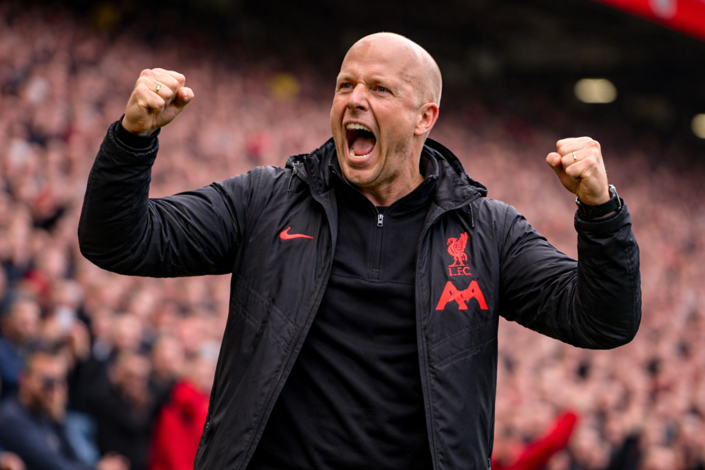 Liverpool vs Man City Arne Slot reacting to the crowd at Anfield during a match