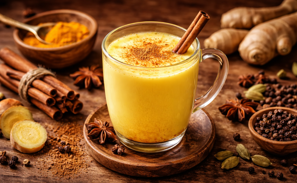 A glass of golden milk with a cinnamon stick and scattered spices on a wooden table