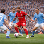 Alexis Mac Allister controlling the ball in midfield against Manchester City