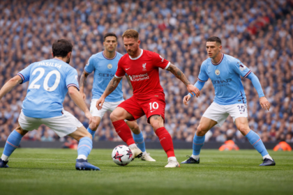 Alexis Mac Allister controlling the ball in midfield against Manchester City