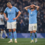 Manchester City players show disappointment after blowing a two-goal lead in a 2–2 Premier League draw against Tottenham Hotspur