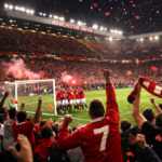 Old Trafford stadium filled with cheering fans celebrating a Manchester United goal