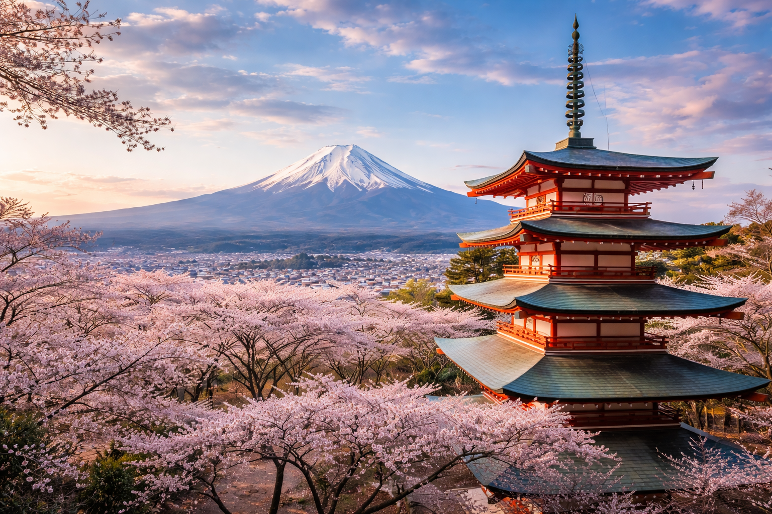 A panoramic view of the Chureito Pagoda surrounded by cherry blossoms with Mount Fuji in the distance