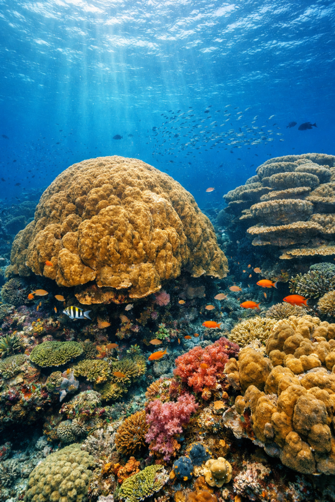 A vibrant underwater shot of massive ancestor corals in the Banda Sea.