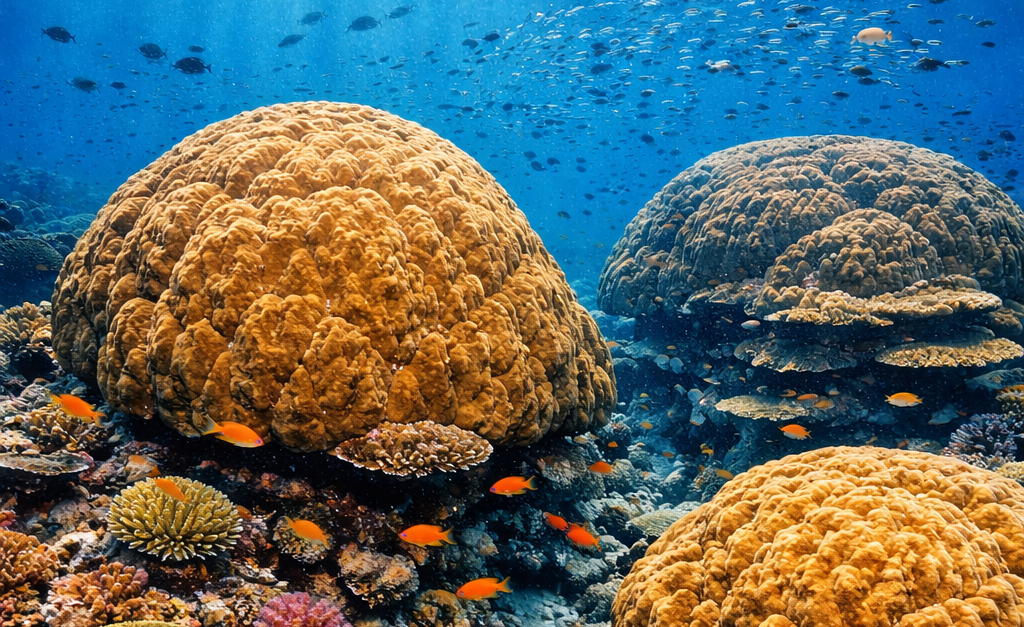 A vibrant underwater shot of massive ancestor corals in the Banda Sea.