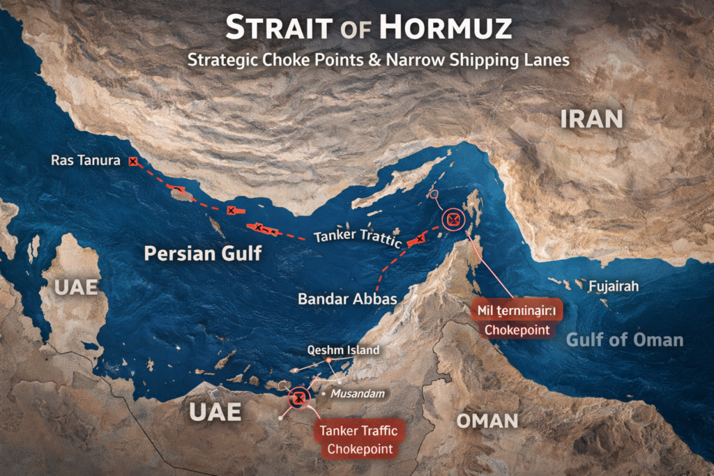 A map of the Strait of Hormuz highlighting the narrow shipping lanes and strategic choke points