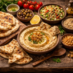 A rustic spread featuring flatbread, hummus, and ancient grains