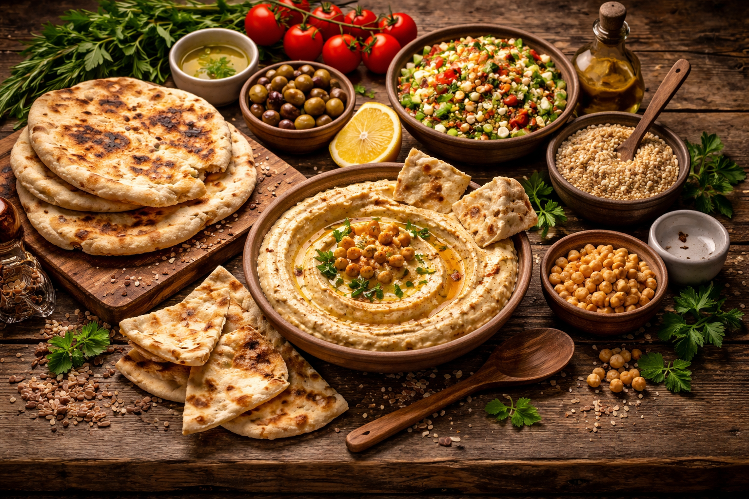 A rustic spread featuring flatbread, hummus, and ancient grains