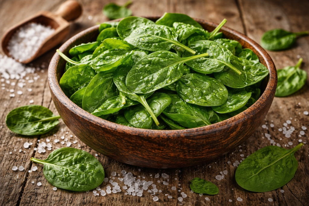 A rustic wooden bowl filled with vibrant green spinach and sea salt crystals