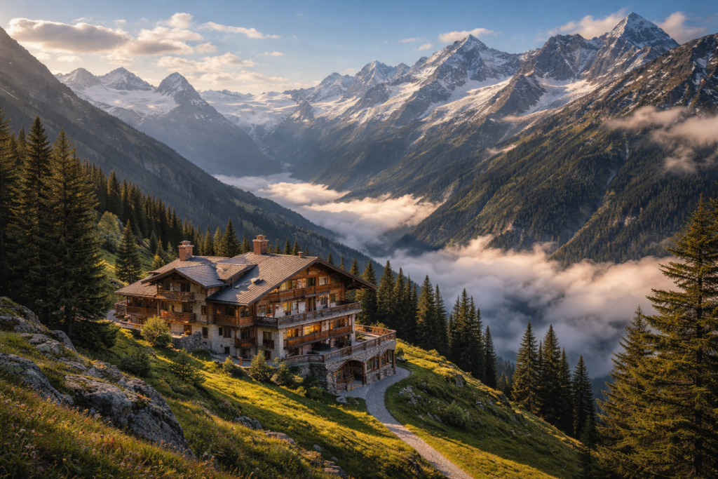 A serene, high-altitude view of the Swiss Alps with a luxury chalet nestled between peaks