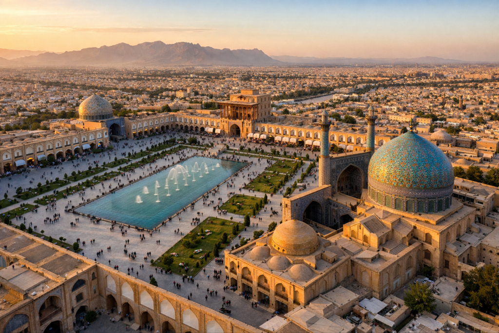 Aerial footage of the Naqsh-e Jahan Square and historic mosques