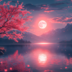 A wide-angle shot of a bright full moon rising over a dark mountain silhouette with a clear starry sky.