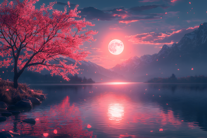 A wide-angle shot of a bright full moon rising over a dark mountain silhouette with a clear starry sky.