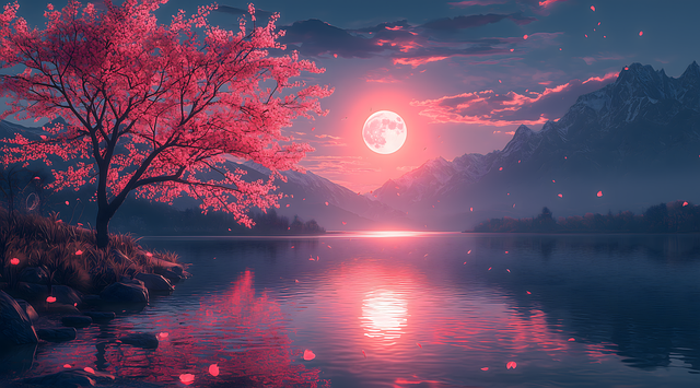 A wide-angle shot of a bright full moon rising over a dark mountain silhouette with a clear starry sky.