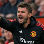 Michael Carrick shouting instructions from the Manchester United technical area