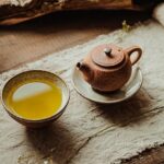 Steaming green tea in a traditional ceramic bowl
