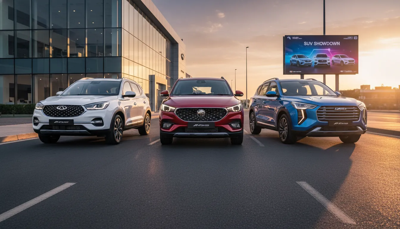 A comparison shot of the Chery Tiggo 4, MG ZS, and GWM Haval Jolion parked side-by-side