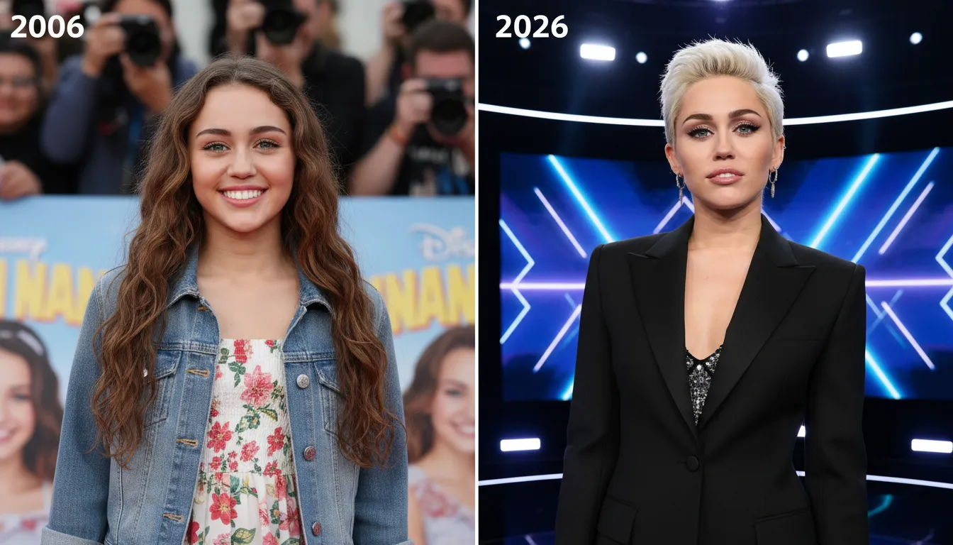 A side-by-side of Miley Cyrus in 2006 and 2026