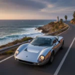 A sleek, silver Lola T70S GT parked on a winding coastal road, its low-slung silhouette and double-stacked headlights echoing the 1969 Mk3B design.