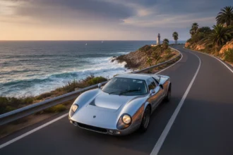 A sleek, silver Lola T70S GT parked on a winding coastal road, its low-slung silhouette and double-stacked headlights echoing the 1969 Mk3B design.