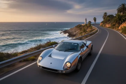 A sleek, silver Lola T70S GT parked on a winding coastal road, its low-slung silhouette and double-stacked headlights echoing the 1969 Mk3B design.