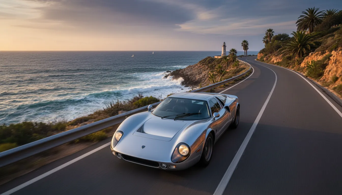 A sleek, silver Lola T70S GT parked on a winding coastal road, its low-slung silhouette and double-stacked headlights echoing the 1969 Mk3B design.