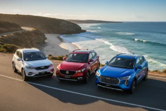 A wide shot of the Chery Tiggo 4, MG ZS, and GWM Haval Jolion lined up on an Australian coastal road