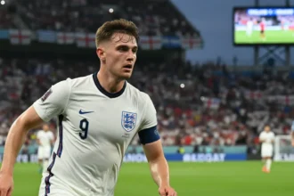 Ben White during the England vs Uruguay match, showing a focused expression amidst the stadium atmosphere