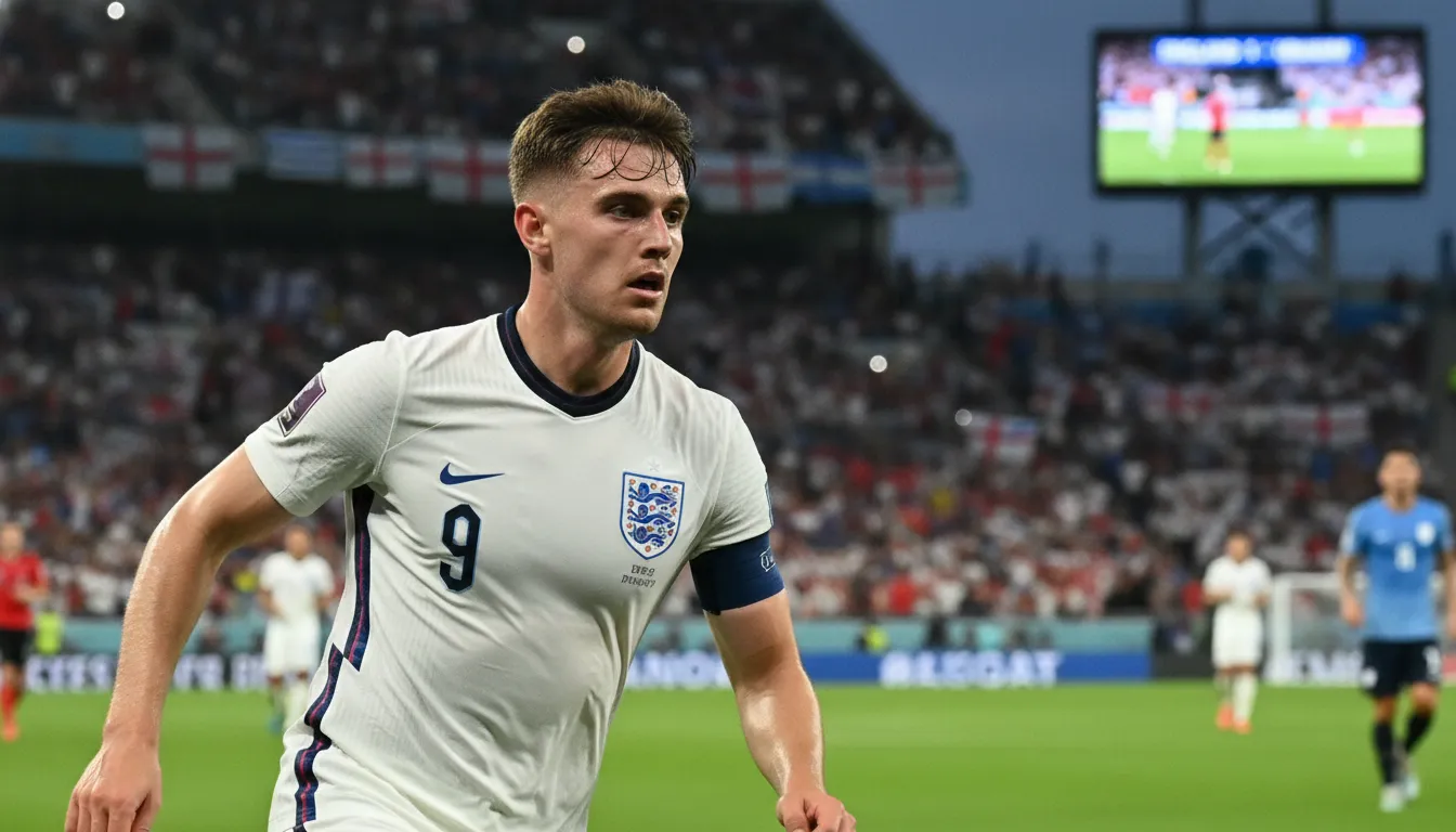 Ben White during the England vs Uruguay match, showing a focused expression amidst the stadium atmosphere