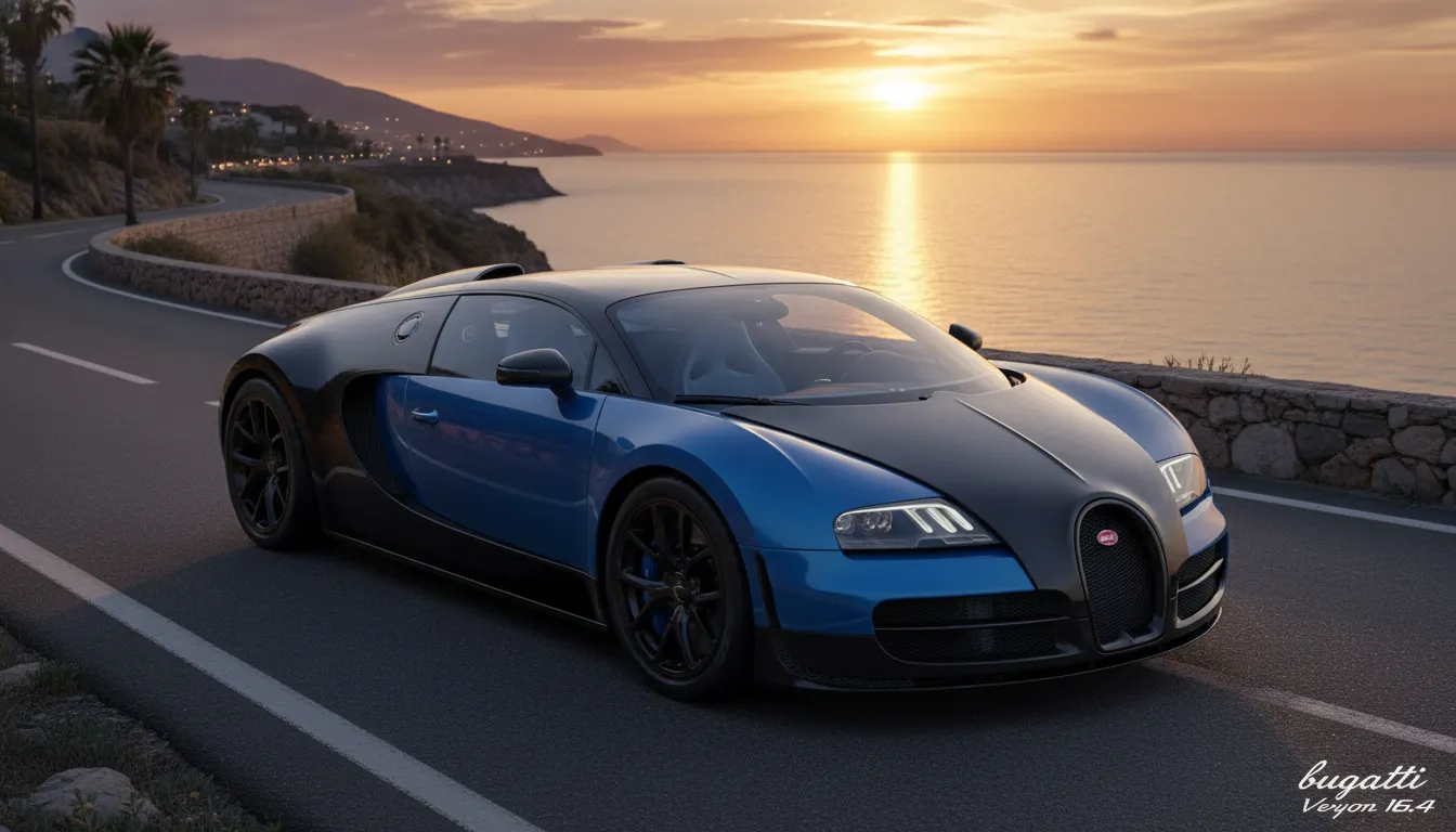 Bugatti Veyron 16.4 in its signature blue-on-black livery