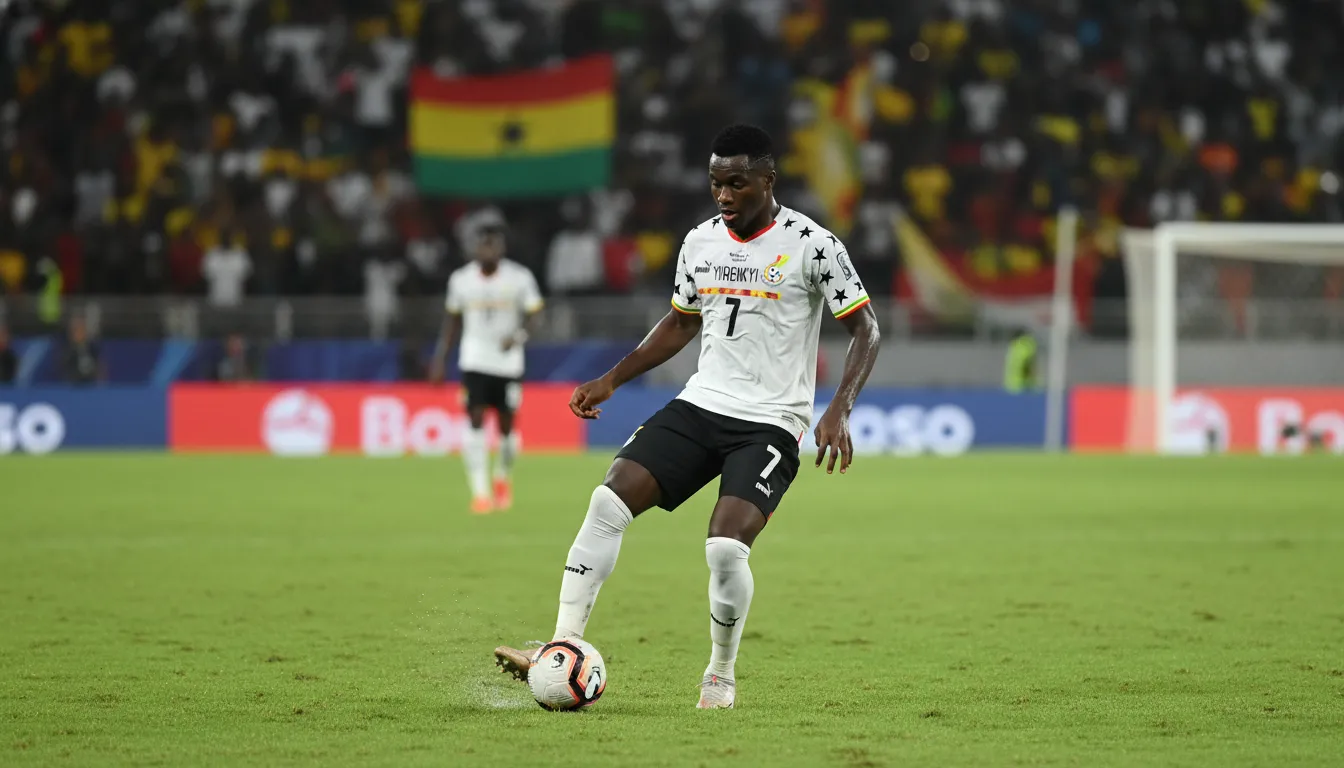 Caleb Yirenkyi controlling the ball in a Ghana national team kit