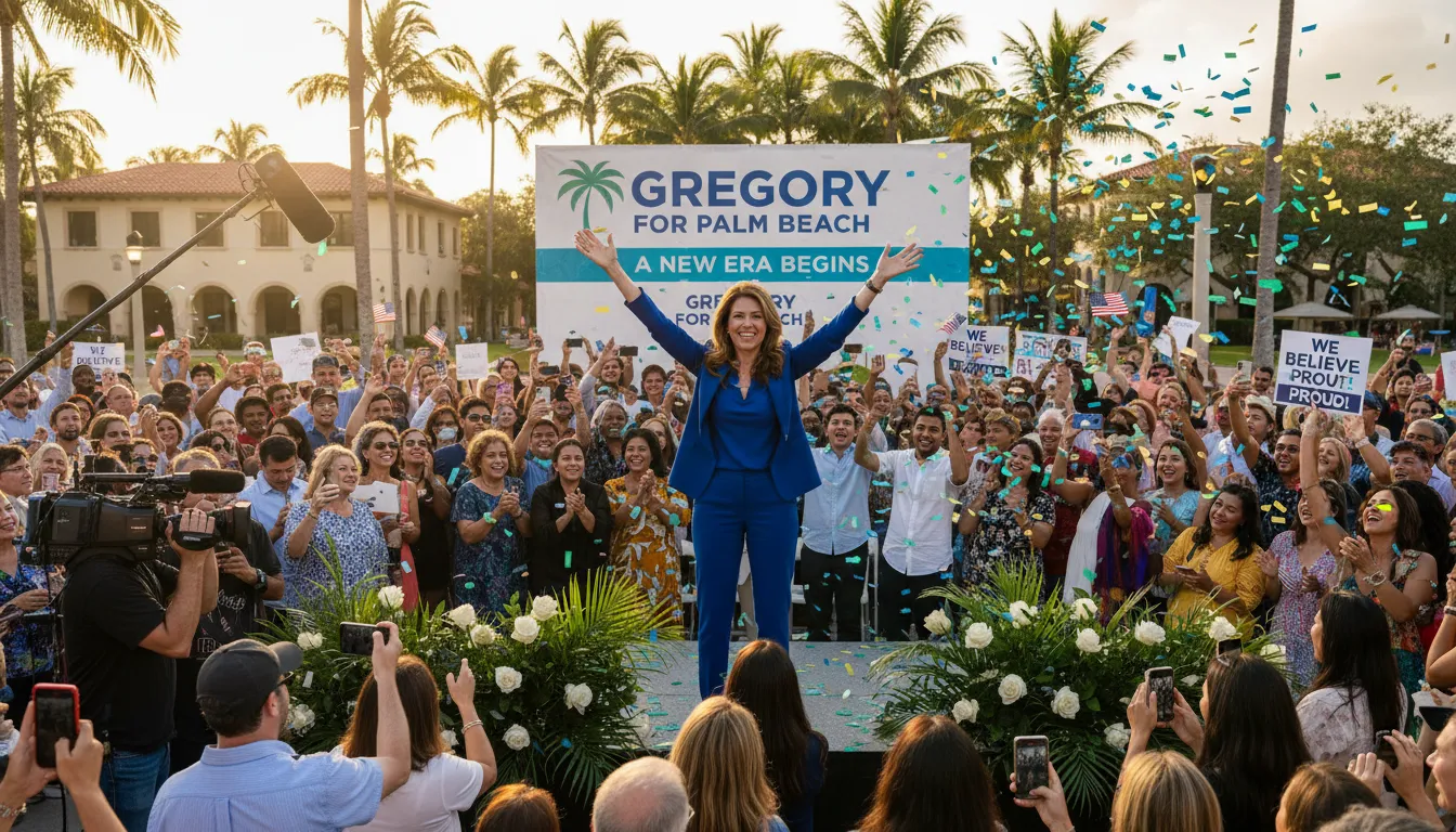 Emily Gregory celebrating with supporters in Palm Beach County