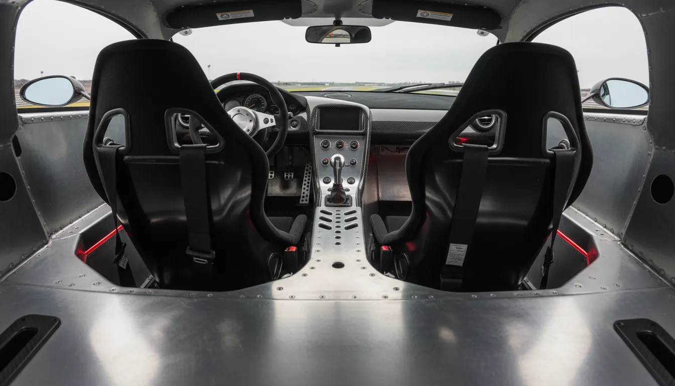 Interior shot of the T70S GT, showing the exposed aluminum monocoque, Alcantara-wrapped seats, and the gated manual shifter.