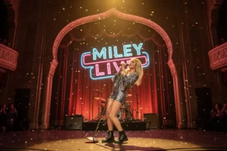 Miley Cyrus on stage at the El Capitan Theatre, wearing the iconic blonde wig