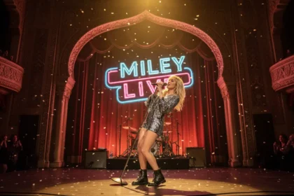 Miley Cyrus on stage at the El Capitan Theatre, wearing the iconic blonde wig