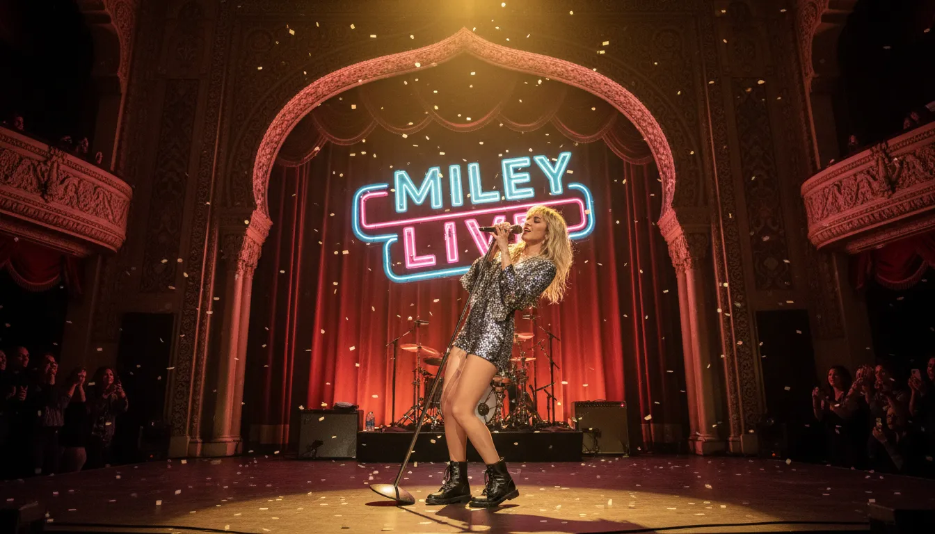 Miley Cyrus on stage at the El Capitan Theatre, wearing the iconic blonde wig