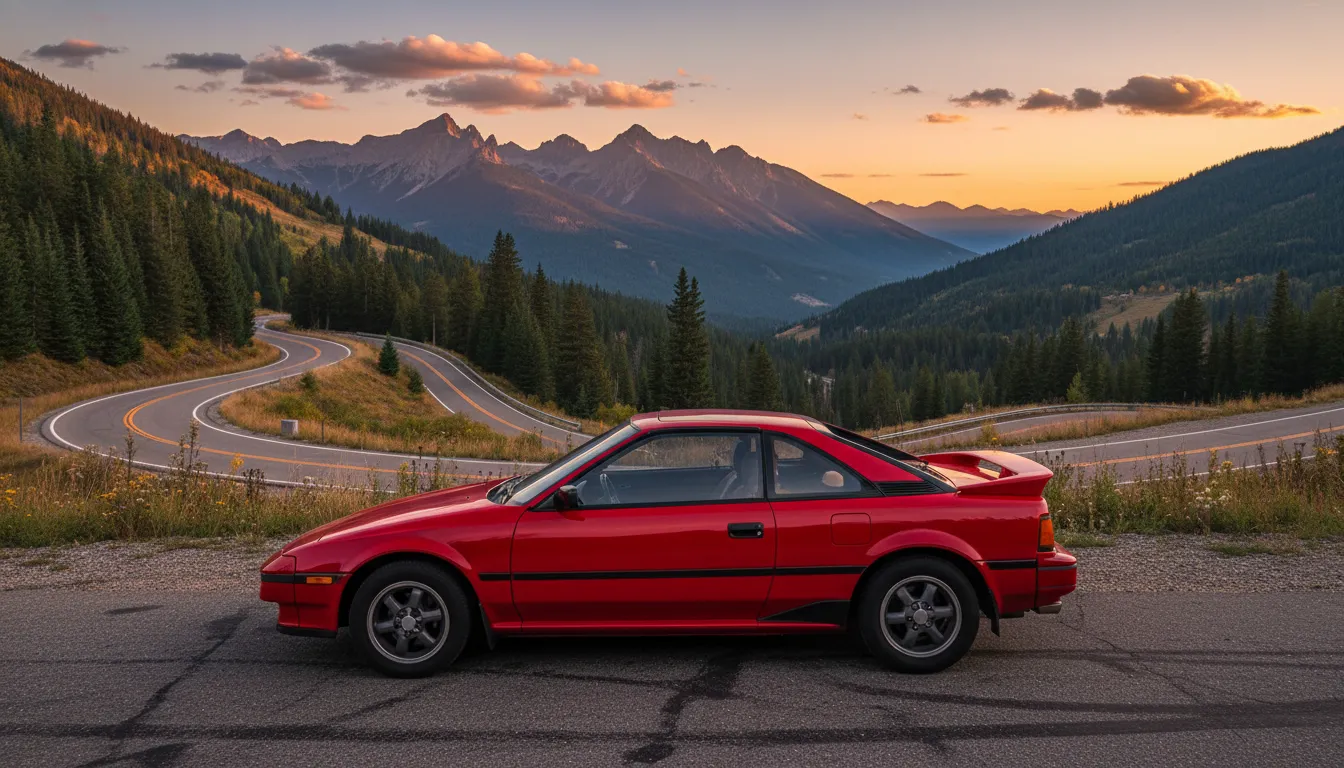 Side profile of a red Toyota MR2 Mk1 parked on a mountain pass