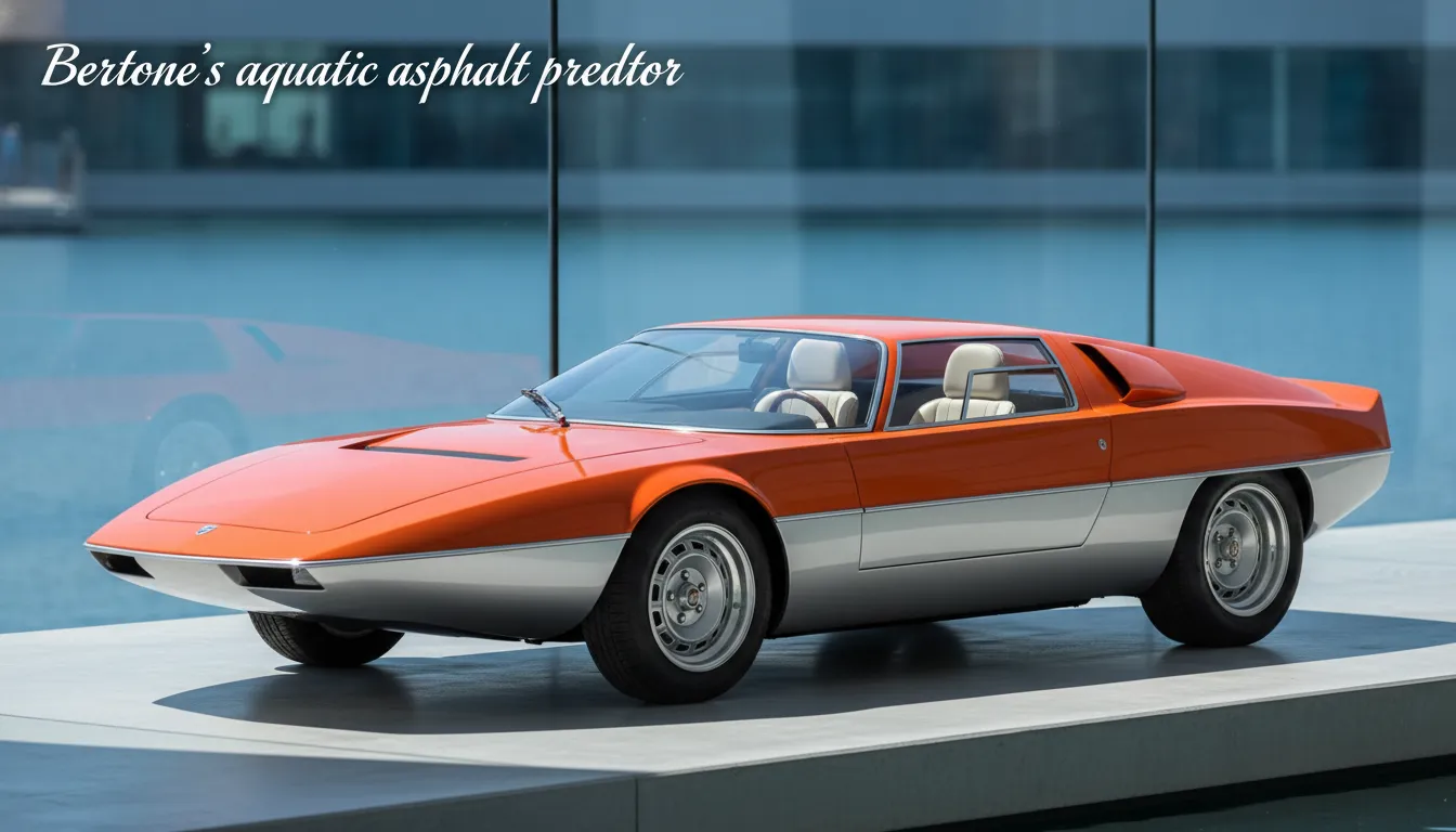 The Bertone Runabout Barchetta in its striking orange and silver livery, showcasing its speedboat-inspired wedge profile