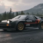 The black Toyota 222D Group B prototype showing its widebody stance