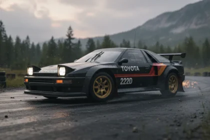 The black Toyota 222D Group B prototype showing its widebody stance
