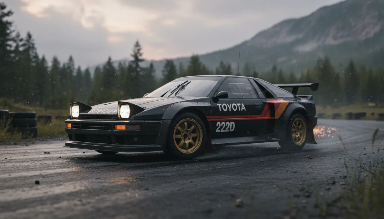 The black Toyota 222D Group B prototype showing its widebody stance