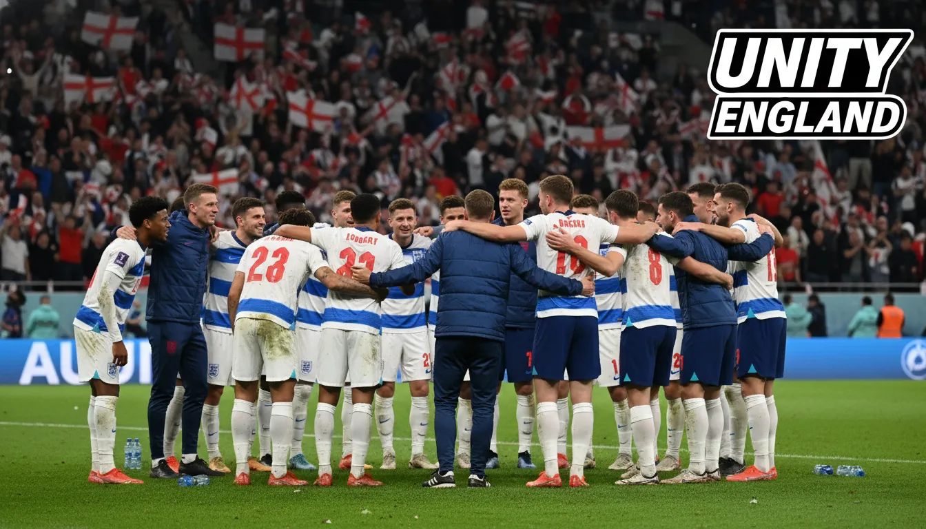 The England squad huddling after the match, showing unity