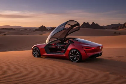 The Renault Trezor concept car with its canopy open in the desert