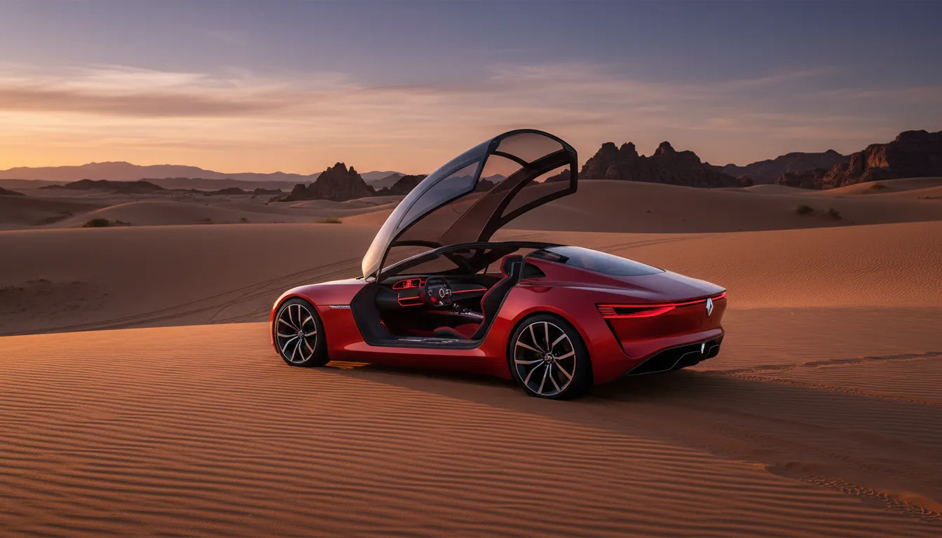 The Renault Trezor concept car with its canopy open in the desert