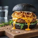 A close-up of a gourmet burger with melted vegan cheese, crispy onions, and a charcoal-black bun, served on a rustic wooden board.