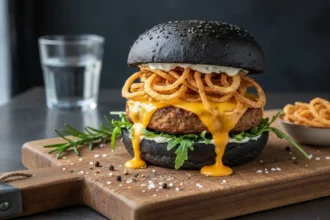 A close-up of a gourmet burger with melted vegan cheese, crispy onions, and a charcoal-black bun, served on a rustic wooden board.