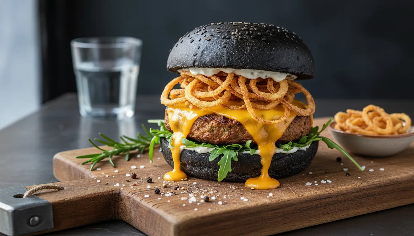 A close-up of a gourmet burger with melted vegan cheese, crispy onions, and a charcoal-black bun, served on a rustic wooden board.