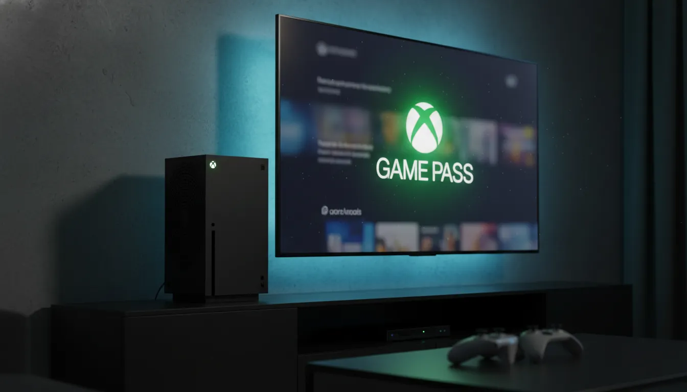 A close-up of the Xbox Series X console with the Game Pass logo glowing on a television screen in a dimly lit room.