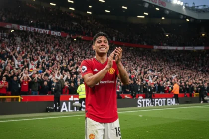 A close-up shot of Casemiro looking emotional and applauding the Stretford End after the final whistle against Brentford.