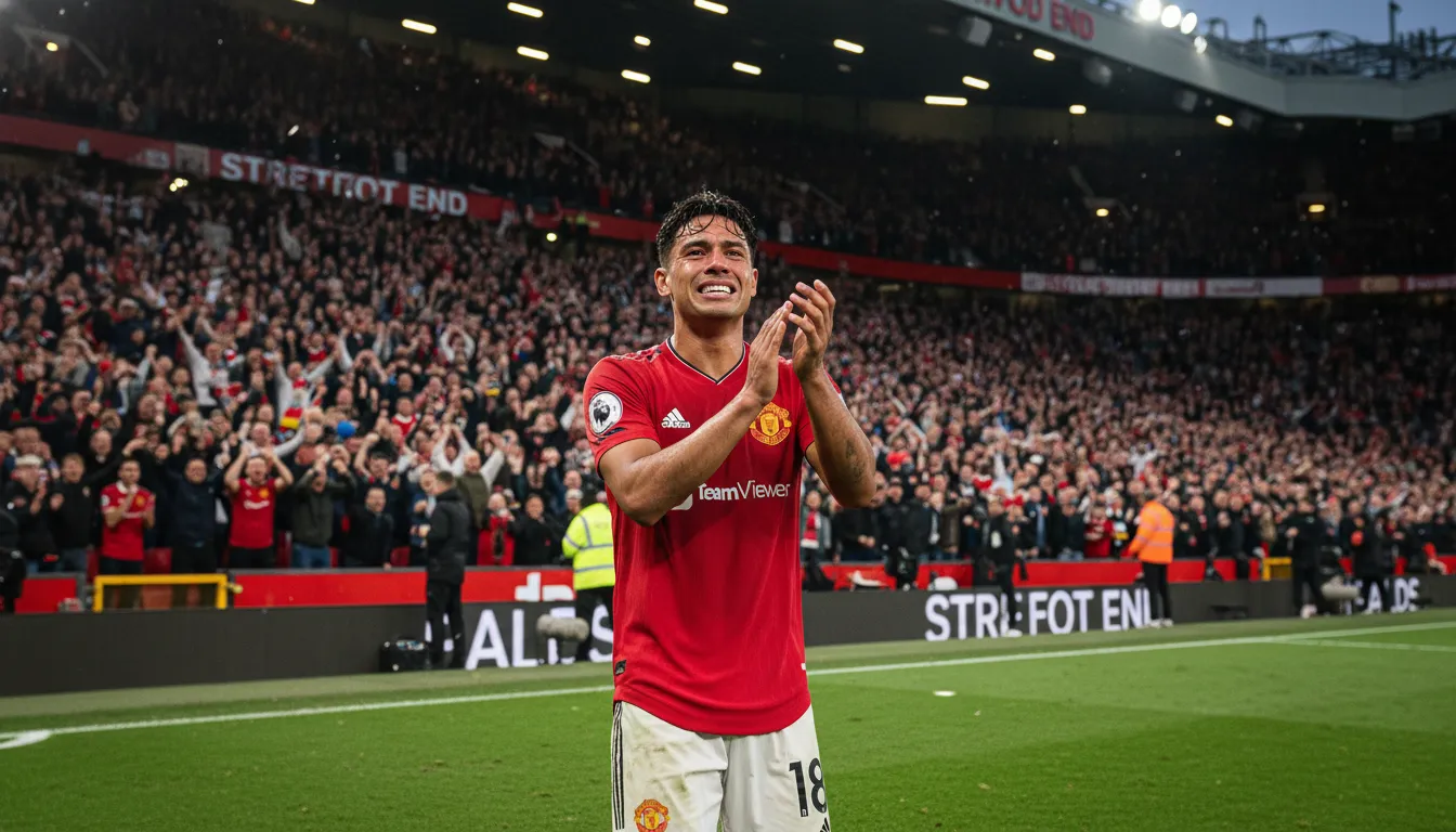 A close-up shot of Casemiro looking emotional and applauding the Stretford End after the final whistle against Brentford.